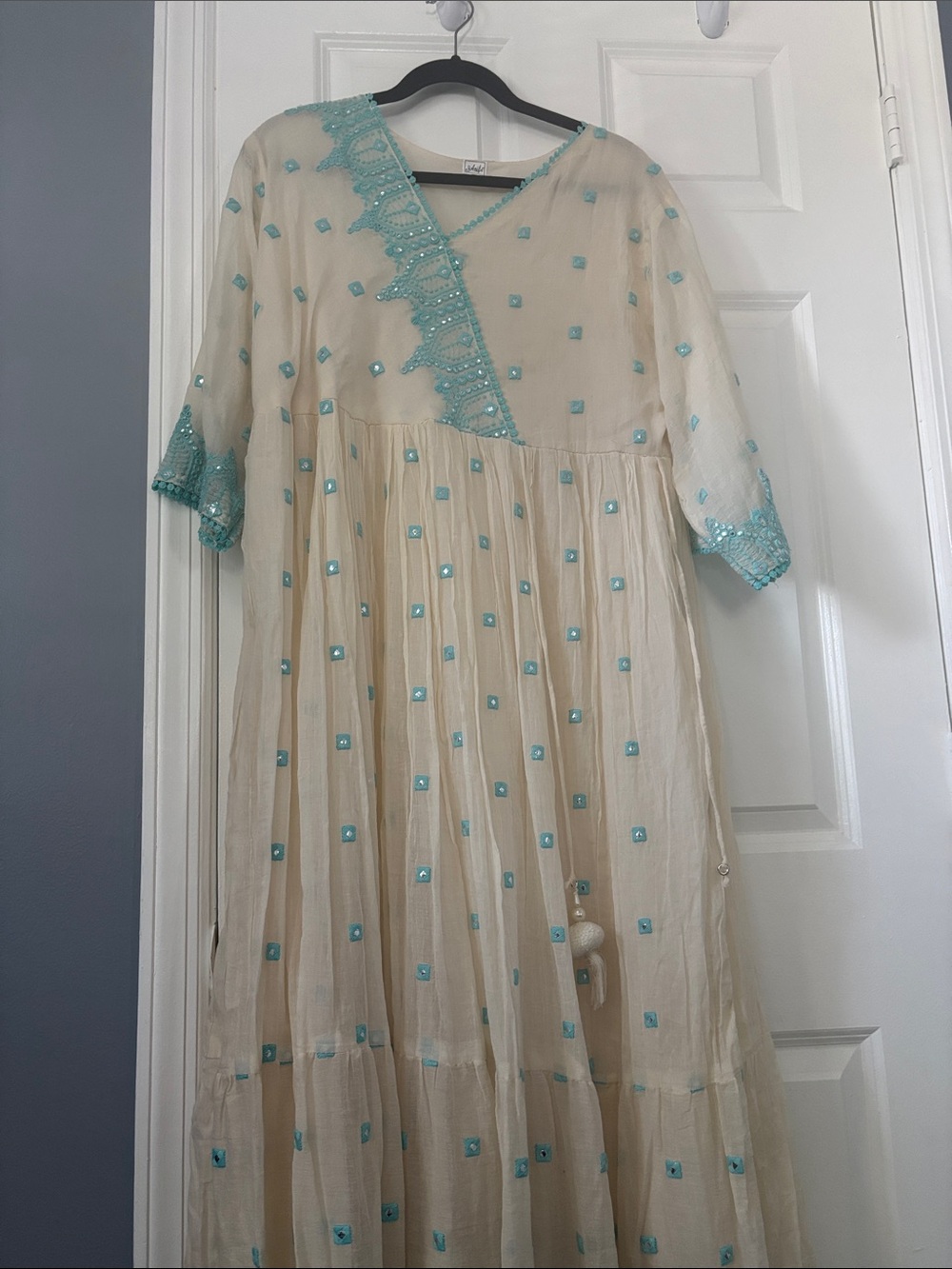 H&M Cream Dress with Aqua Embroidery